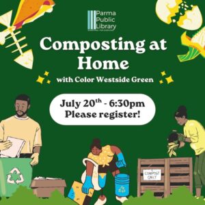 Composting at Home graphic showing illustration of people